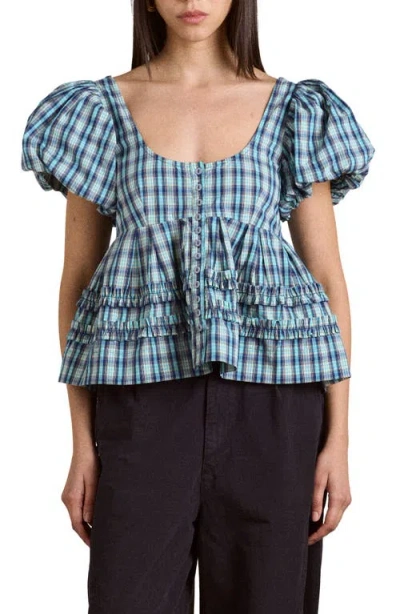 Damson Madder Summer Joy Plaid Organic Cotton Top In Blue
