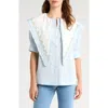 Damson Madder Summer Sandy Embroidered Collar Organic Cotton Short Sleeve Button-up Sshirt In Blue/white