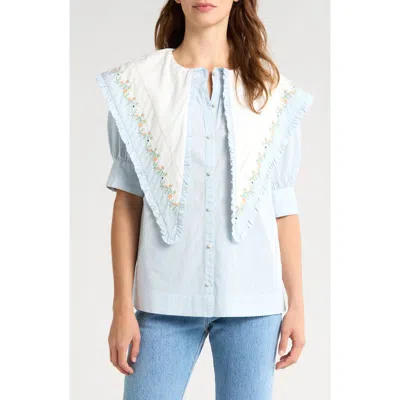 Damson Madder Summer Sandy Embroidered Collar Organic Cotton Short Sleeve Button-up Sshirt In Blue/white