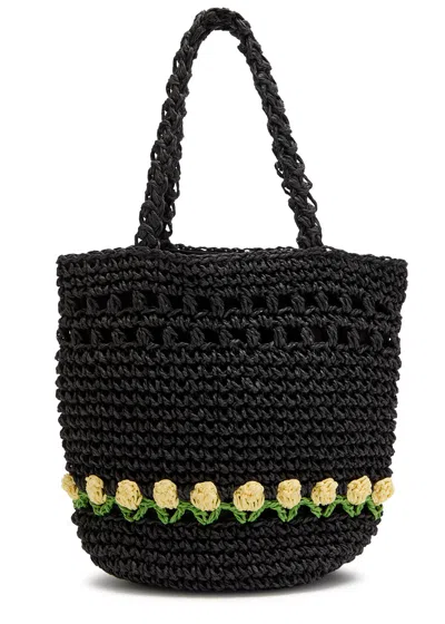 Damson Madder Tulip Raffia Top Handle Bag In Black