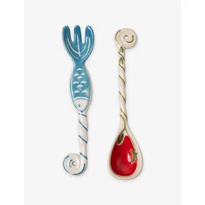 Damson Madder Ulti Hand Painted Set Of Two Ceramic Salad Servers In Multi
