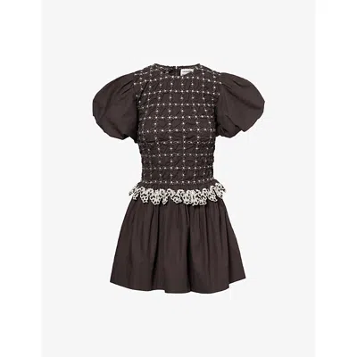 Damson Madder Womens Black Audrey Shirred Cotton Mini Dress In Brown