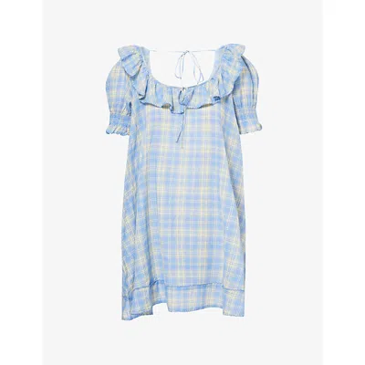 Damson Madder Womens Blue Harlow Puff-sleeve Cotton Mini Dress