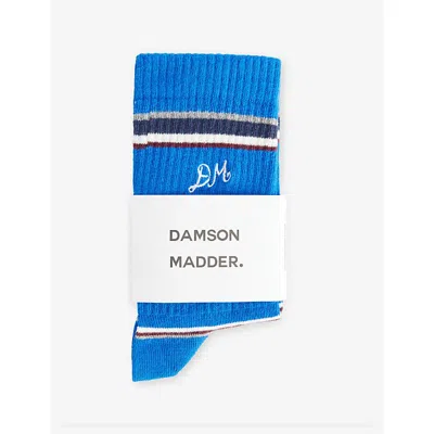 Damson Madder Womens Blue Logo-embroidered Striped Cotton-blend Calf-length Socks