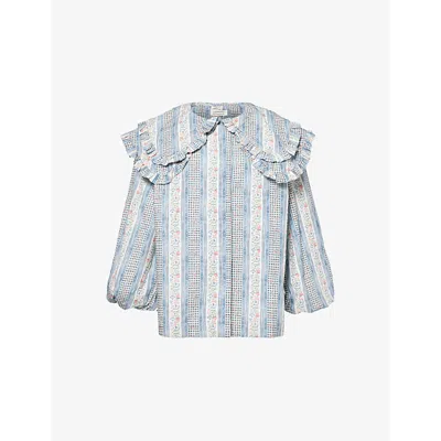 Damson Madder Womens Blue Lois Floral-print Cotton Blouse