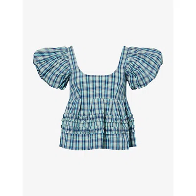 Damson Madder Womens Blue Summer Joy Puff-sleeve Cotton Blouse