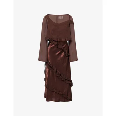 Damson Madder Womens Choc Carmen Ruffle Woven Midi Dress In Brown