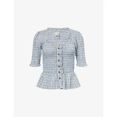 Damson Madder Womens Mansi Shirred Cotton-poplin Blouse Cloudy In Blue