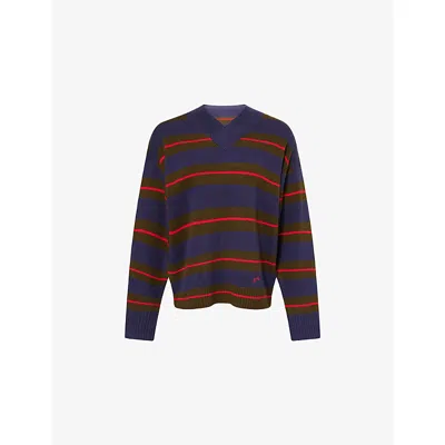 Damson Madder Womens Olive Odette V-neck Wool Knitted Jumper In Multi