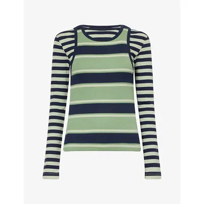 Damson Madder Womens Green Manon Layered 2 In 1 Cotton And Modal-blend Top In Multi
