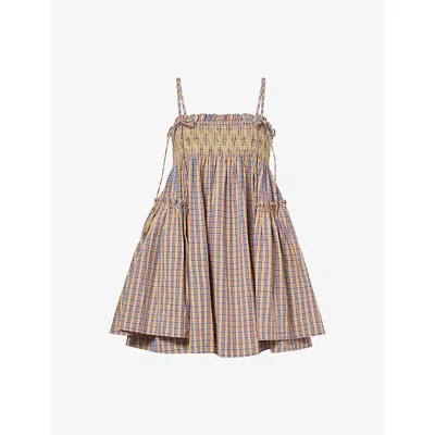 Damson Madder Womens Marmalade Lilo Check Cotton Mini Dress In Multi