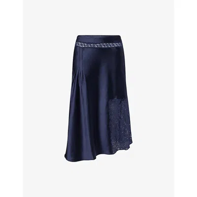 Damson Madder Womens Elea Lace-trim Satin Midi Skirt Navy In Blue