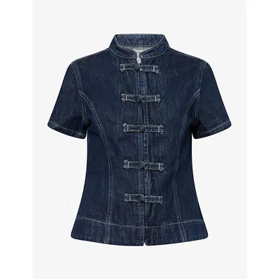 Damson Madder Womens Nelly Button Trim Denim Top Indigo In Blue