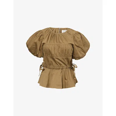 Damson Madder Womens Olive Hadley Puff-sleeve Cotton Blouse In Brown