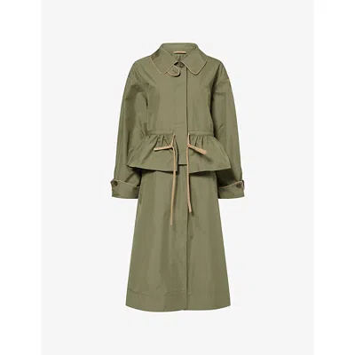 Damson Madder Womens Sage Myrtle Frilled Cotton-blend Trench Coat In Green