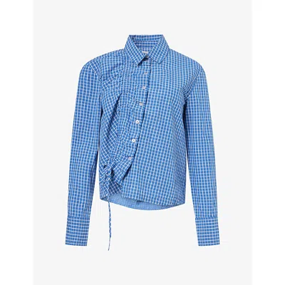 Damson Madder Womens Talia Checked Ruched Cotton Shirt Blue In Multi