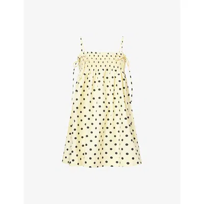 Damson Madder Womens Yellow Lilo Shirred Dot-print Cotton Mini Dress