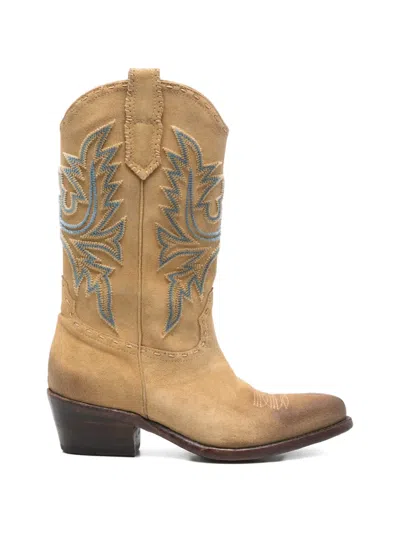 Damy Leonplus Embroidery Cowboy Boots In Neutral