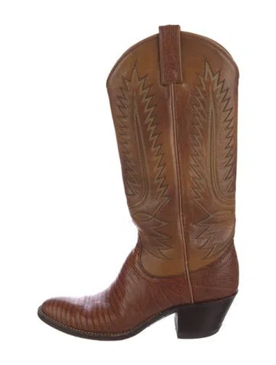 Pre-owned Dan Post Leather Embroidered Accent Western Boots In Brown