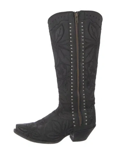 Pre-owned Dan Post Leather Floral Print Western Boots In Black
