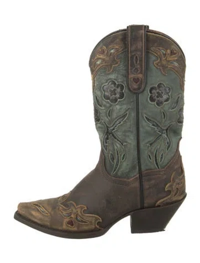 Pre-owned Dan Post Leather Floral Print Western Boots In Green