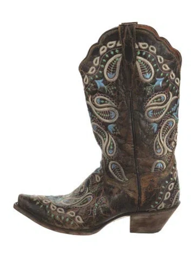Pre-owned Dan Post Leather Paisley Print Western Boots In Brown