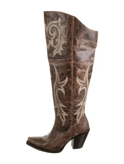 Pre-owned Dan Post Leather Patterned Riding Boots In Brown