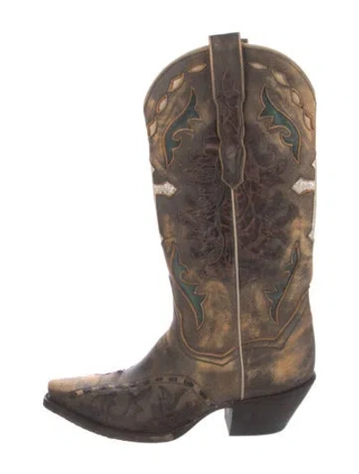 Pre-owned Dan Post Leather Printed Western Boots In Brown