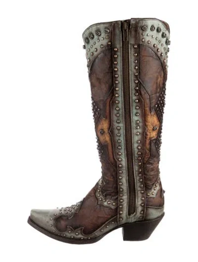 Pre-owned Dan Post Leather Printed Western Boots In Brown