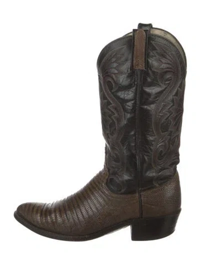 Pre-owned Dan Post Lizard Embroidered Accent Western Boots In Brown