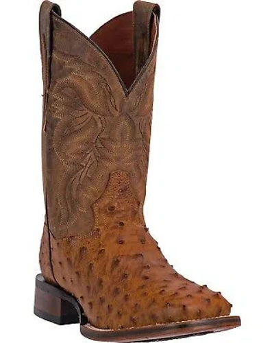 Pre-owned Dan Post Men's Alamosa Full Quill Ostrich Western Boot Broad Square Toe Saddle In Brown