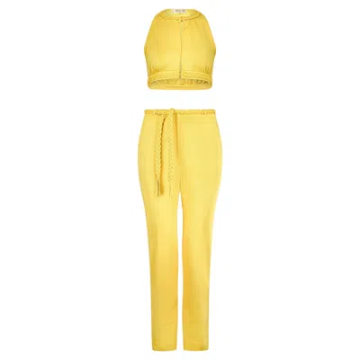 Pre-owned Dana 1970s  Yellow Jersey Crop Top And Trousers With Braid Detail