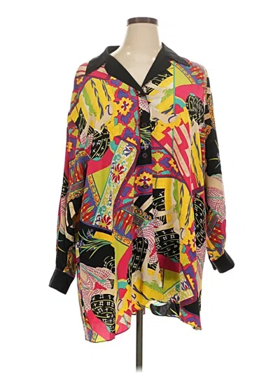Pre-owned Dana Buchman 3/4 Sleeve Silk Top Yellow Print Pattern Plunge Neckline Tops