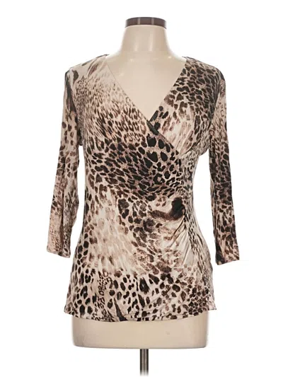 Pre-owned Dana Buchman 3/4 Sleeve Top Brown Animal Print Pattern V Neck Tops