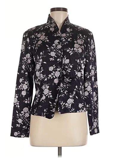 Pre-owned Dana Buchman Long Sleeve Silk Top Black Floral Pattern Tie Neck Tops