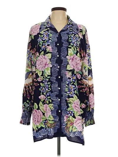 Pre-owned Dana Buchman Long Sleeve Silk Top Blue Floral Pattern Plunge Neckline Tops