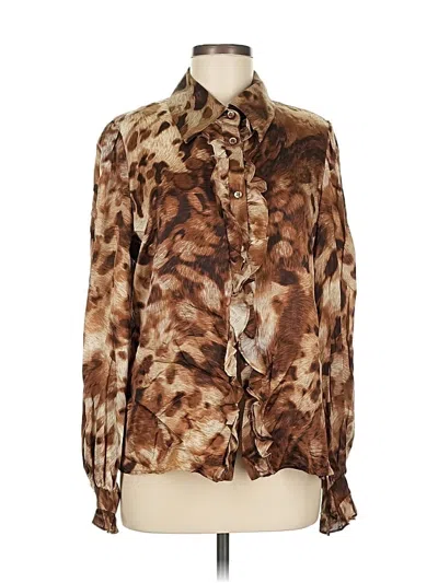 Pre-owned Dana Buchman Long Sleeve Silk Top Brown Animal Print Pattern Tie Neck Tops