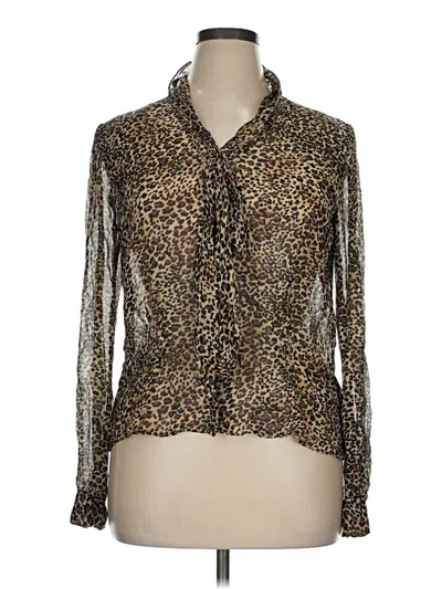 Pre-owned Dana Buchman Long Sleeve Silk Top Gold Animal Print Pattern Plunge Neckline Tops