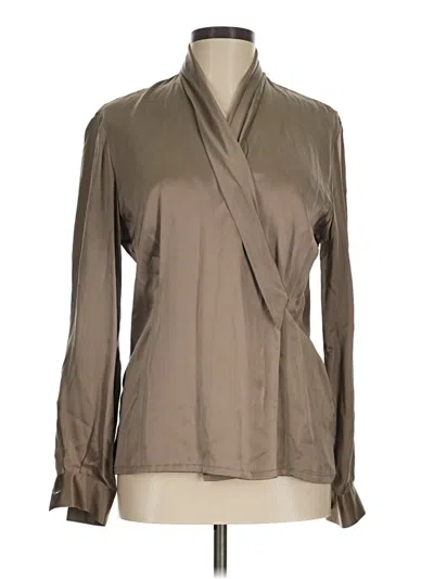 Pre-owned Dana Buchman Long Sleeve Silk Top Tan Plunge Neckline Tops In Brown