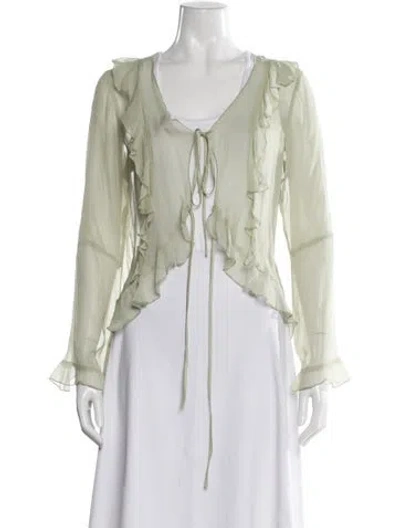 Pre-owned Dana Foley Nyc V-neck Long Sleeve Blouse In Green