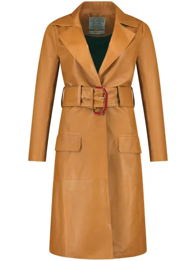 Dancassab Diana Leather Belted Coat In Brown