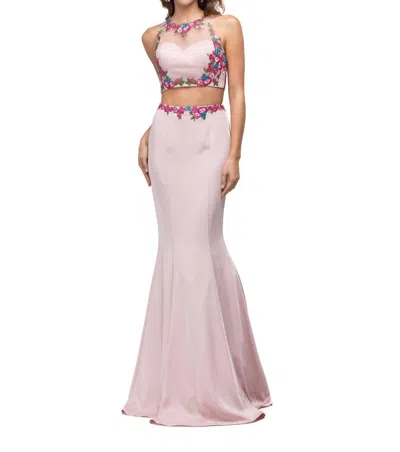 Dancing Queen Two-piece Satin Gown With Floral Embroidered Crop Top In Blush/fuchsia In Pink