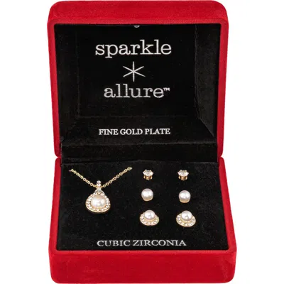 Danecraft Imitation Pearl And Cubic Zirconia Necklace And Earrings Set In Gold