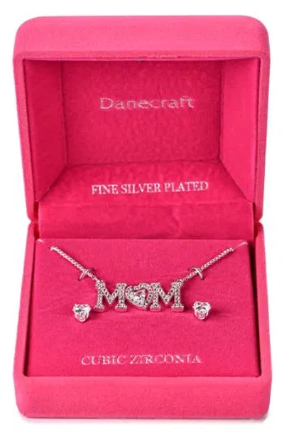 Danecraft Mom Pendant Necklace & Heart Stud Earrings Set In Silver