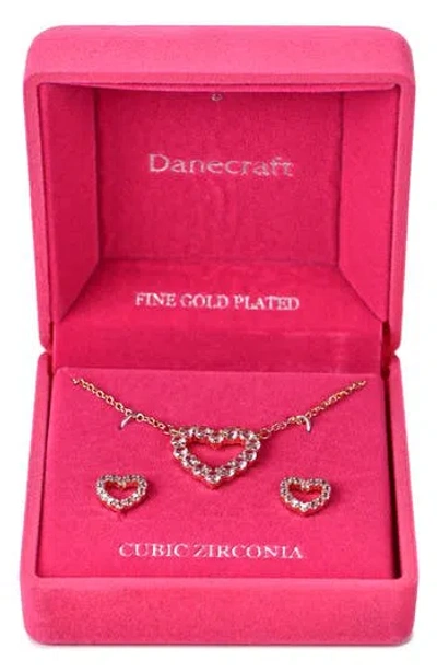Danecraft Pink Cubic Zirconia Heart Necklace & Stud Earrings Set In Gold