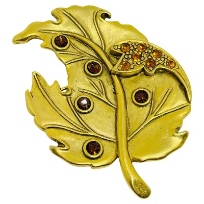 Pre-owned Danecraft Signed Gold Tone Rhinestones Leaf Designer Brooch In Multi