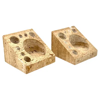 Pre-owned Danese Milano Enzo Mari, Set Of 2 Travertine Desk Organizers, Danese Italy 1970s In Sand