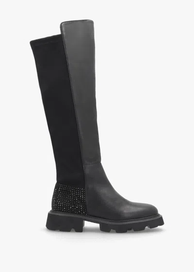 Daniel Alice Black Leather Elasticated Over The Knee Boots In Black Fabric