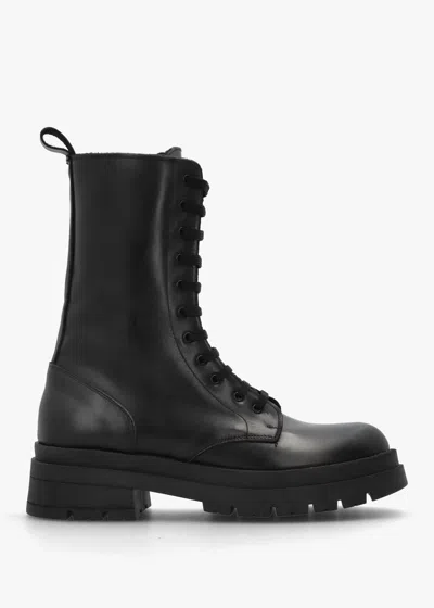 Daniel Black Leather High Shaft Lace Up Biker Boots