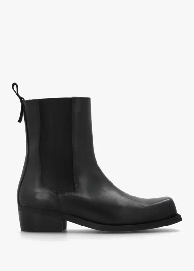 Daniel Black Leather Square Toe Stacked Heel Chelsea Boots